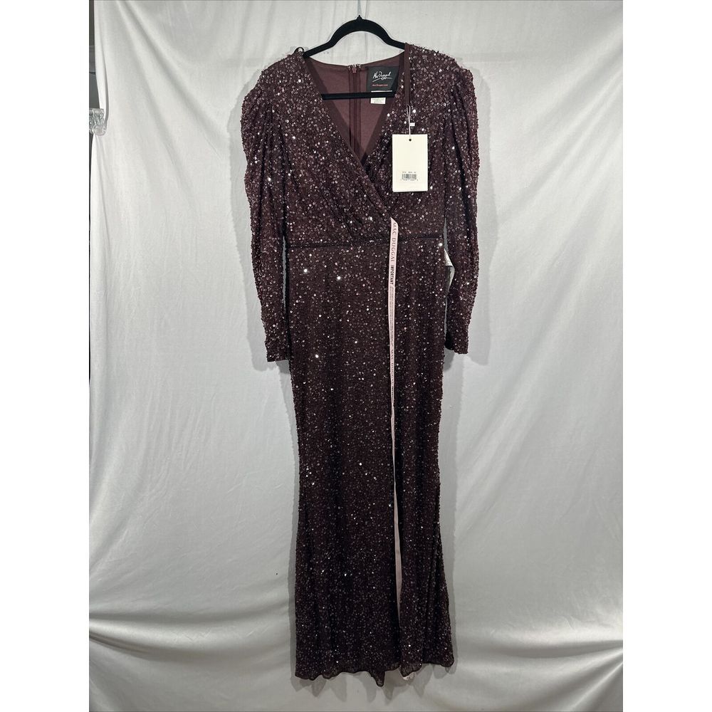 NWT Mac Duggal [ 10 ] V Neck Puff Shoulder Sequined Surplice Gown Mahogany J250‎ - Picture 10 of 15